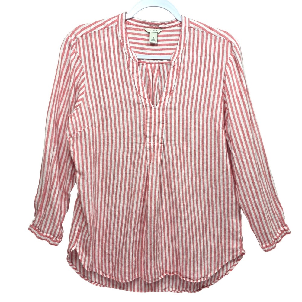 LL Bean Womens All Linen Top M Petite Red White Striped Vneck Tunic Long‎ Sleeve